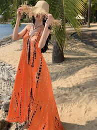 Casual Dresses Orange Print Sleeveless Backless Sexy Slim Prom Long Dress 2024 Summer Women Elegant Party Vacation Halter Bandage Sundress