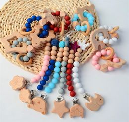 Baby Pacifier Clip Wooden Teether Silicone Beads Bracelet Toddler Infant Animal Dinosaur Star Flower Elephant Nipple Clips Holders8331798