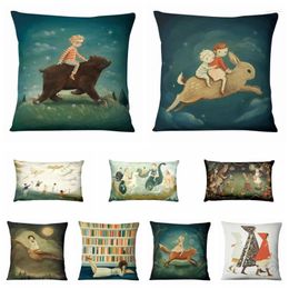 Pillow Home Decoration Gril And Bear Boy Painting Art Print Case Decor Sofa Throw Cover Almofadas 45 45cm