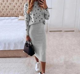 Work Dresses Skirt Sets Fashion Long Sleeve Print High Neck Tight Pullover Top Versatile Casual Hip Wrap Dess Two Piece Suit Y2k Streetwear