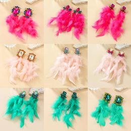 Dangle Earrings Luxury Fuchsia Pink/Green Color Feather Long Tassel Women Big Statement Crystal