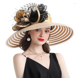 Berets Classical Foldable Stripe Big Flower British Style Elegant Wide Brim Bride Wedding Party Fedora Hat For Women