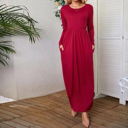 Casual Dresses Solid Color Maxi Dress Women Elegant Ankle-length With Pleated Long Sleeve Pockets For Soft