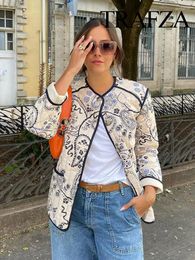 Women's Jackets TRAFZA Autumn Women Casual Vintage Patchwork Quilted Coats Floral Print Jacket O Neck Single Breasted Long Sleeve