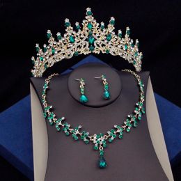 Necklaces Luxury Green Crystal Bridal Jewellery Sets for Women Tiaras Earrings Necklace Crown Wedding Dress Bride Jewellery Set Accessories