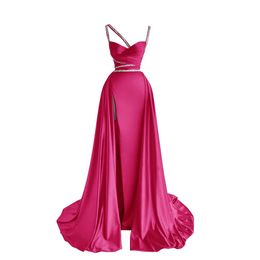 Split Long Prom Dresses Spaghetti V-Neck Beading Satin A-Line Lace-up Plus Size Formal Occasion Evening Party Gown Pd17