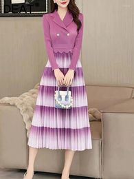 Casual Dresses Pleated Women Fashion Dress Lapel A Line Folds Gradient Colour Evening Party Loose Full Sleeve Medium Long 15KB5896
