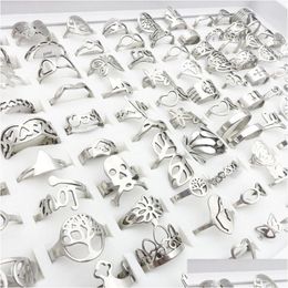 Band Rings Wholesale 100Pcs/Lot Mens Womens Stainless Steel Sier Laser Cut Patterns Hollow Carved Flowers Mix Styles Fashion Jewelry P Otrju