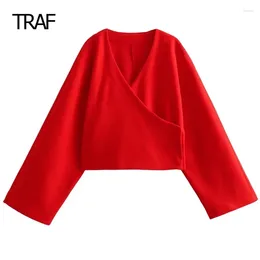 Women's Jackets Coats Autumn Winter Cropped Kimono Red V-Neck Long Sleeve Top Korean Style Outwears Luxury Designer