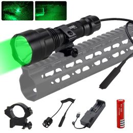 Scopes Tactical Green/Red/White Light LED Torch Hunting Flashlight + Mount +Pressure Switch+18650 Battery+Charger