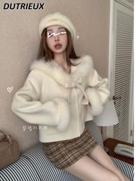 Work Dresses Long Sleeve Sailor Collar Imitation Fur Woollen Coat Sweet Cute Girl Bow Short Jacket And Plaid Skirt Two-Piece Set