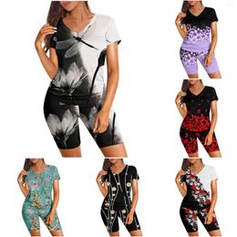 Women's Tracksuits Gradient Print Short Sleeve V Neck Two Piece Outfits Shorts Set Guard Pants Women Swimming