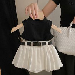 Clothing Sets Kids Girls Summer Skirt Solid Black Sleeveless Knitting Tank Tops High Waist White Pleated A-Line 2pcs Children Suits