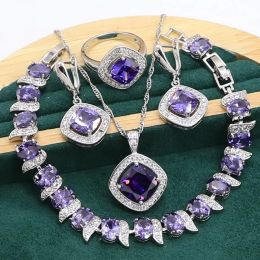Strands Geometric Purple Amethyst 925 Sterling Silver Jewellery set for Women Bracelet Earrings Necklace pendant Ring
