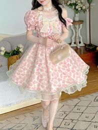Party Dresses HOUZHOU Pink Floral Dress Women Sweet Cute Bow Mesh Patchwork Fairy Princess 2024 Summer Kawaii Elegant Streetwear