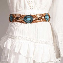 Waist Chain Belts European and American New Bohemian Style Alloy Turquoise Resin Bead Woven Knot Ethnic Style Womens Waist Rope Y240422