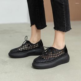 Casual Shoes Genuine Leather Sponge Cake Women Spring/summer Hollow Breathable Flat Platform Woven Hole Handmade Woman