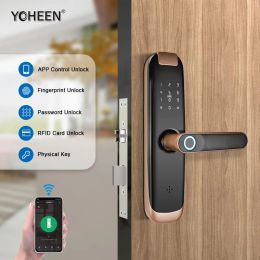 Control TUYA APP Compatible Smart Life App Unlock Smart Door Lock for Home Wood Door with Fingerprint Handle Combination Rfid Card