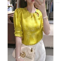 Ethnic Clothing 2024 Puffed Sleeve Yellow Top Women's Chinese Retro Style Jacquard Button Imitation Silk Summer Daily Loose Half Blouse
