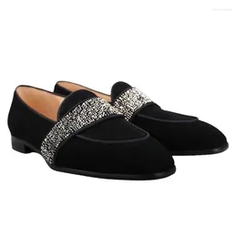 Casual Shoes Black Men Velvet Loafers Luxury Rhinestone Handmade Slip On Dress Summer Flats Slippers Mocassin Homme