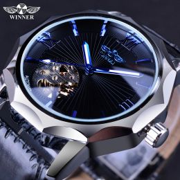 Kits Winner Cool Ocean Geometry Design Transparent Skeleton Dial Mens Watch Top Brand Luxury Automatic Fashion Mechanical Watch Clock