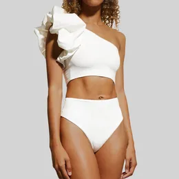 Women's Swimwear Fashion Solid Colour White Simple Style Split Bikini One-shoulder Ruffled Sexy Beachwear Swimsuit Swimming Suit Backless