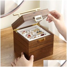 Jewellery Settings Casegrace 3In1 Organiser Box Wooden Square Storage Gift Case For Earrings Ring Necklace Suitcase Jewellery 230407 Dro Otqix