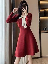Casual Dresses Elegant Dress For Women Long Sleeve French Style Party Slim Mini Solid Bow Sweet 2024 Autumn Winter