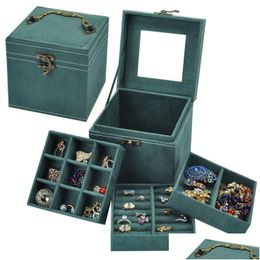 Jewelry Settings Vintage Veet Threetier Box Storage Cases With Wood Mirror Display Packaging Organizer For Earring Necklace Ring Boxes Otlpj