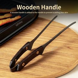 24cm94in Camping Picnic BBQ Tongs 304 Stainless Steel Barbecue Grill Clip Heat Insulation Wooden Handle Cook Tong 240415