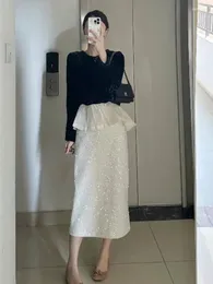 Work Dresses Fashion Ruffles Hem Black Velvet Shirt&Straight Sequin Skirt Chic 2pc Sets Elegant Celebrity Lady Two Piece Dress Suits