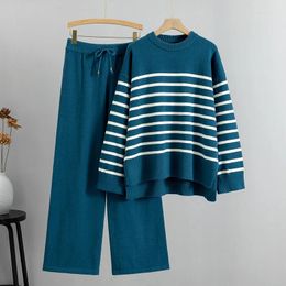 Women's Two Piece Pants GIGOGOU 2/ Pieces Autumn Winter Sets Women Cashmere Tracksuits CHIC Striped Oversized Sweater Wide Leg Suits