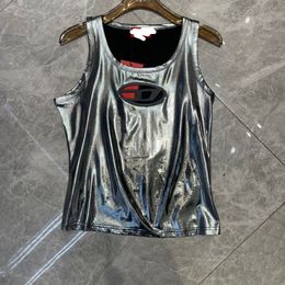 Women sexy metallic silver O-neck hollow design vest suspender vest SML