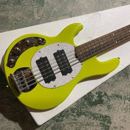 Factory Custom 5 Strings Yellow Electric Bass Guitar with White Pearl Pickguard Offer Logo/Color Customize