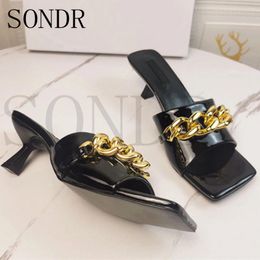 Slippers 2024 Women Summer Fashion Shoe High Heel Open Toe Genuine Leather Solid Colour Chain Decor Woman Luxury Slipper Comfort