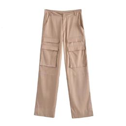 Cargo Pants Women Fashion with Pockets Satin Cargo Pants Vintage High Waist Zipper Fly Female Trousers Mujer Baggy Pants 240420