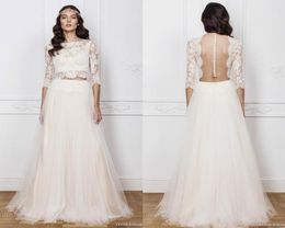 Bateau Neck 34 Long Sleeve Boho Wedding Dresses Two Pieces Lace Crop Top Sheer Beach Bridal Gowns Ruffled Tulle Vestidos De Noiva7912139