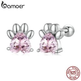 Earrings Bamoer 925 Sterling Silver Pink Dog Paw Stud Earrings for Women Zircon Ear Studs Fashion Birthday Jewellery Gifts