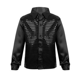 T-shirts Shiny Sequined Kids Boys Jazz Dance Shirt Tops Children Long Sleeve Spread Collar Shirts For Choir Stage Performance Costumes