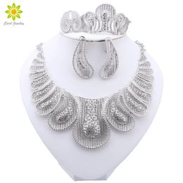 Necklaces Necklace Set for Women Dubai African Silver Plated Jewellery Sets Bridal Earrings Rings Indian Nigerian Wedding Jewelery Gift