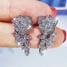 Stud Earrings 2024 Luxurious Rose Flower Long Earring For Women Three-Dimensional Full Diamond Crystal Engagement Gift Jewelry