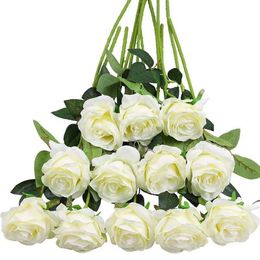 Faux Floral Greenery Roses Artificial Flowers 12Pcs Realistic Long Single Stem Fake Silk Rose Bouquet for Party Home Wedding Decor T240422