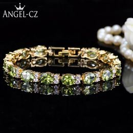 Dubai Yellow Gold Colour Jewellery Oval Olive Green Crystal Connect Bling CZ Classy Ladies Bracelet Bangle For Women AB079 Link Chai183e