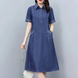 Party Dresses Denim Patchwork Shirt Dress Women's 2024 Summer Loose With Pocket Short Sleeve Lapel Jeans 5XL Casual Female Clothing