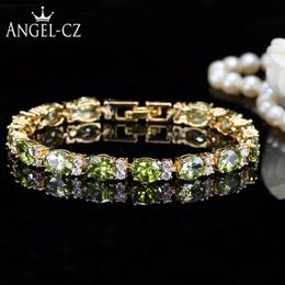 Dubai Yellow Gold Colour Jewellery Oval Olive Green Crystal Connect Bling CZ Classy Ladies Bracelet Bangle For Women AB079 Link Chai174K