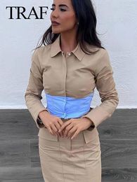 Women's Blouses 2024 Female Patchwork Shirt Casual Lapel Long Sleeve Short Blouse Chic Splicing Single-Breasted Slim Woman Tops Y2K