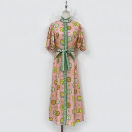 Designer Dress 24 Summer New Pink Porcelain Color Plate Print Loose Casual Belt Shirt Linen Dress Women