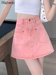 Skirts Denim Pink Mini A-Line Summer Skirt Women High Waist Fashion Korean Style Loose Ladies Casual Pleated Woman