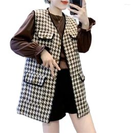 Women's Vests Coat Female Korean Version Loose All-Match Houndstooth Jackets Outerwear Waistcoat Gilet 2024 Spring Autumn Sleeveless Vest