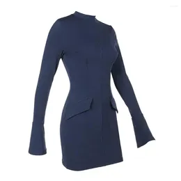 Casual Dresses Comfortable Solid Colour Dress Elegant Mini With Flap Pockets Elastic Waist Slim Fit Long Sleeve For Women